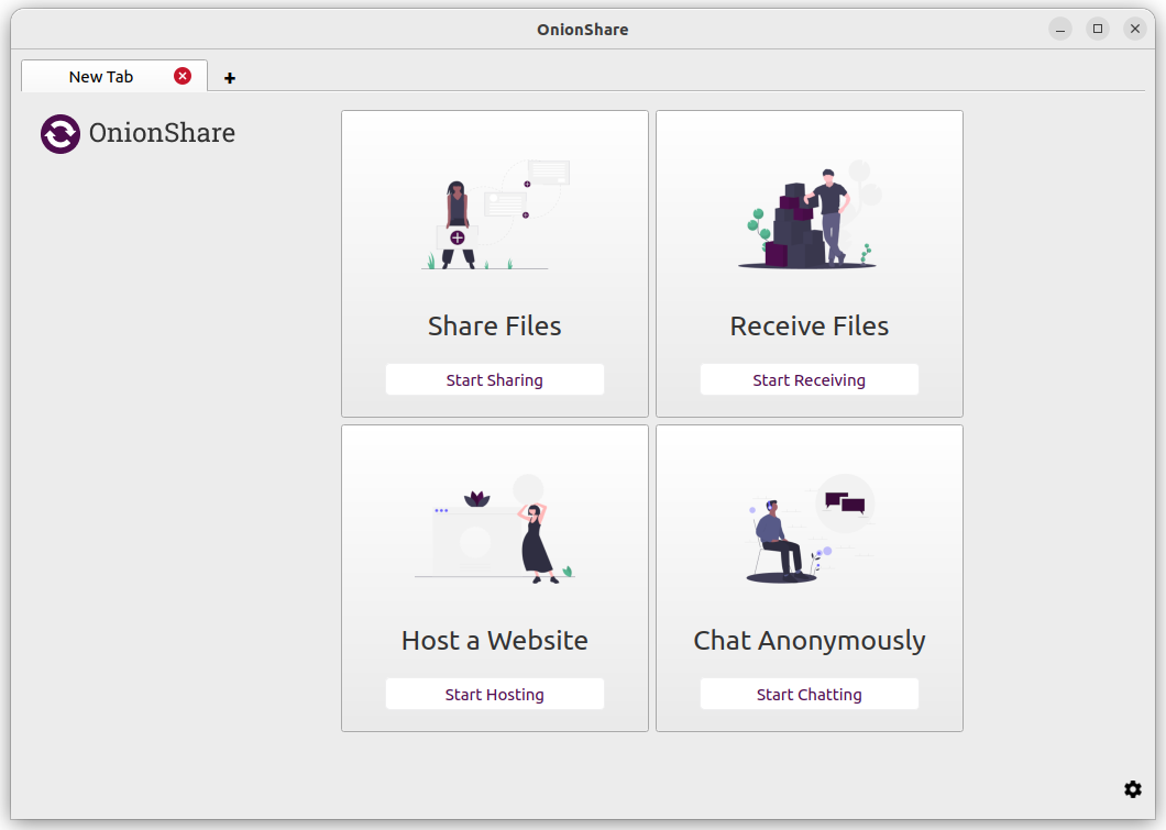 Screenshot of the OnionShare desktop application with a new tab open. There are four features to choose from: Share Files, Receive Files, Host a Website, and Chat Anonymously.