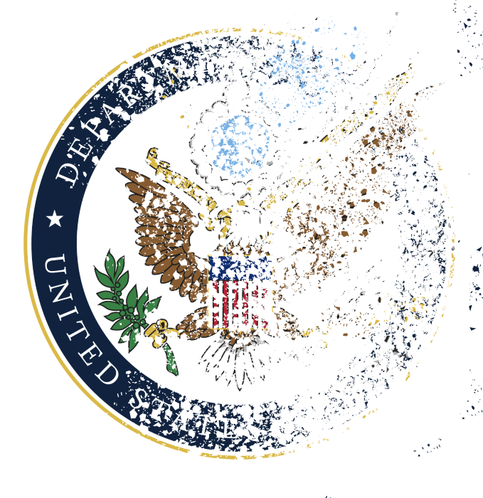The official United States of America State Department logo disintegrating in flying pixels.