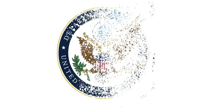 Logo of the US State Department disintegrating into fragmented pixels over a white background.