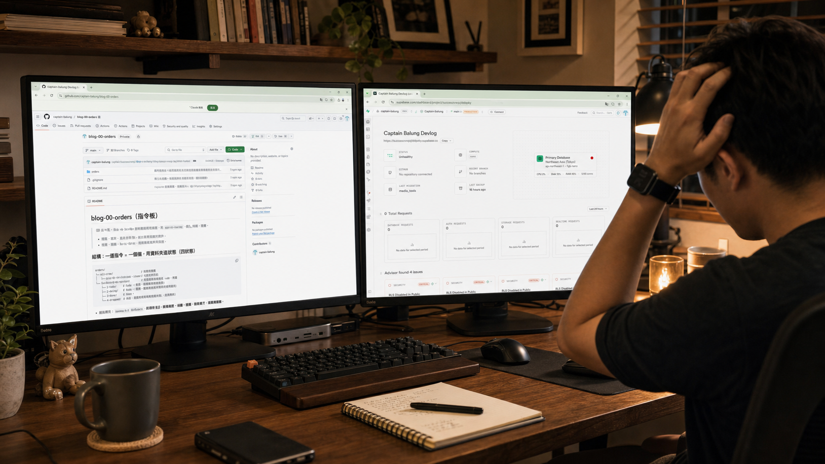 Codex 雙螢幕工作現場:左邊是 GitHub repo 與任務文件,右邊是 Supabase 專案 dashboard,像一個真的被拉起來的軟體專案。