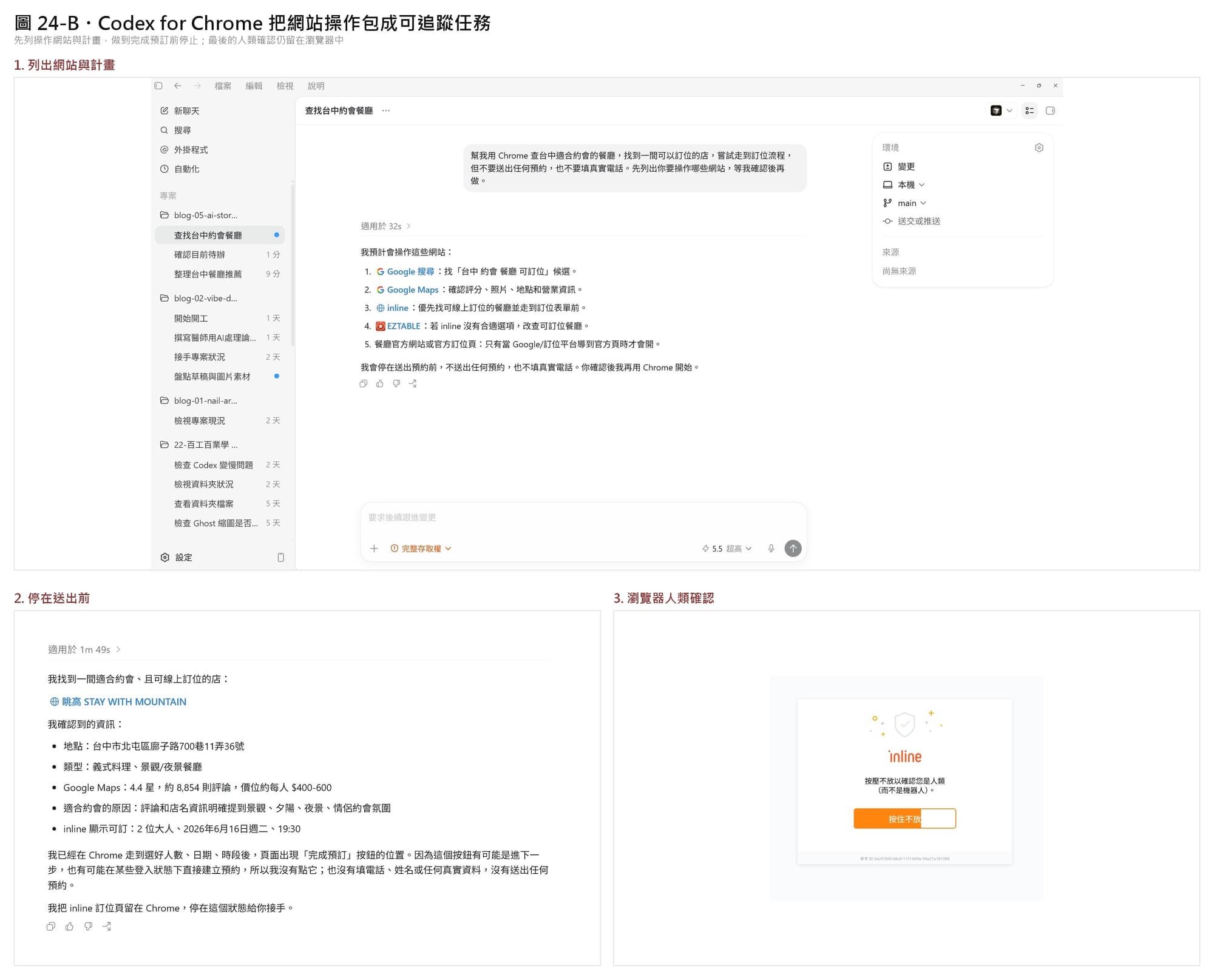 交集二 Codex 實測:Codex 先列網站操作計畫,再停在完成預訂前,最後的人類確認仍留在瀏覽器中。