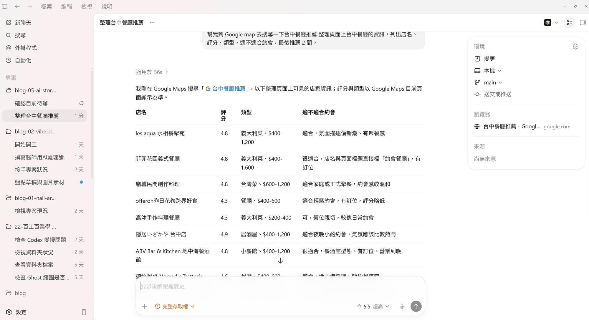 交集一 Codex 實測:Codex 在任務 thread 中讀取頁面並整理同類資訊。