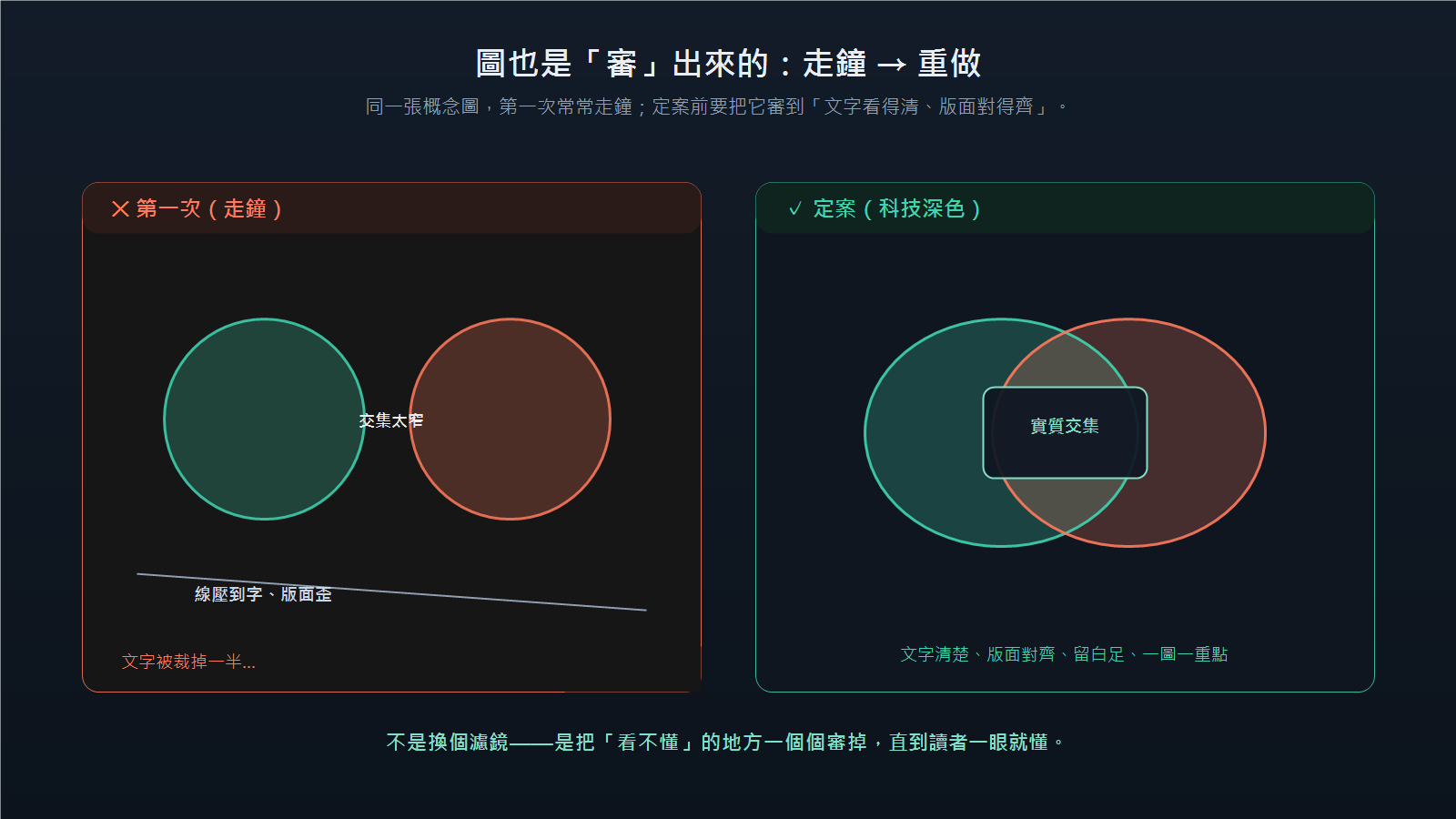 圖片風格對照圖:左為第一次走鐘(圈交太窄、線壓字、文字被裁),右為定案的科技深色風格。