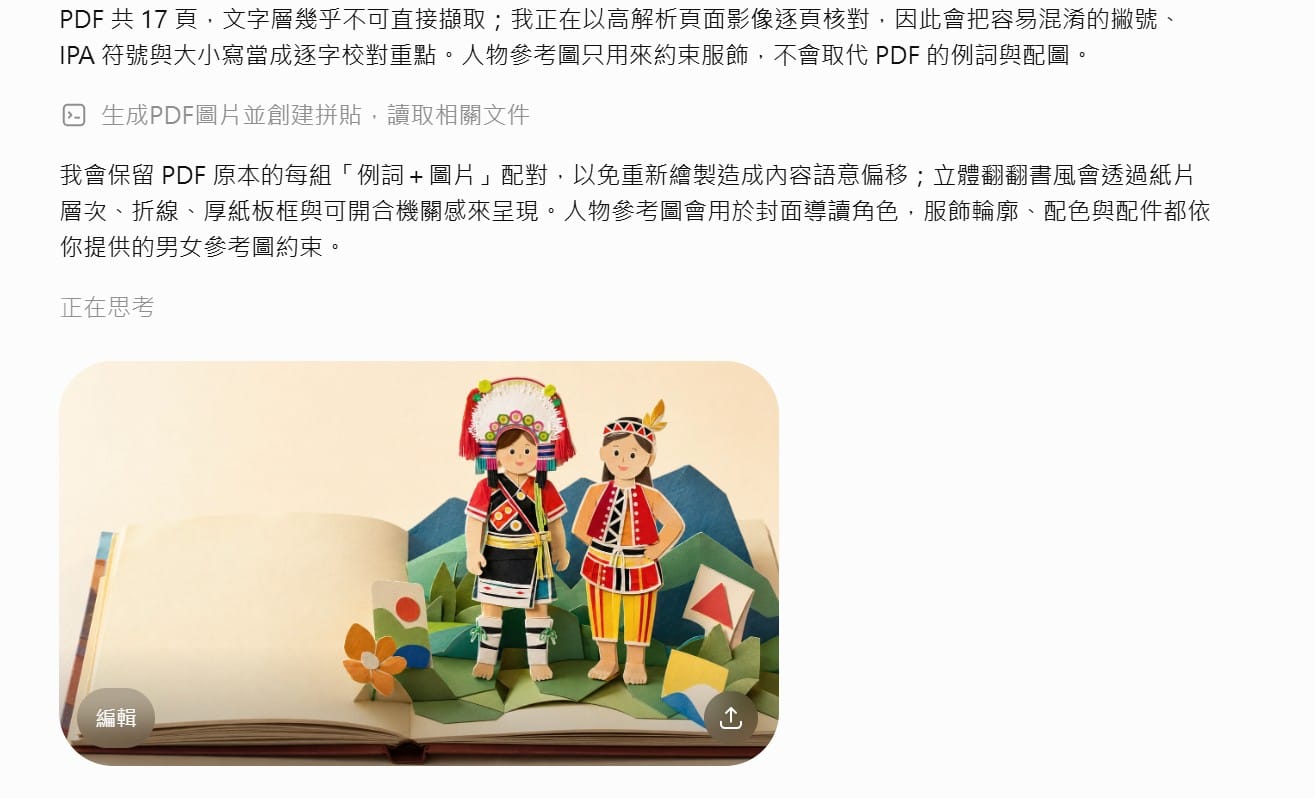 ChatGPT 生成中的立體翻翻書風字母篇簡報預覽，並附逐字校對說明