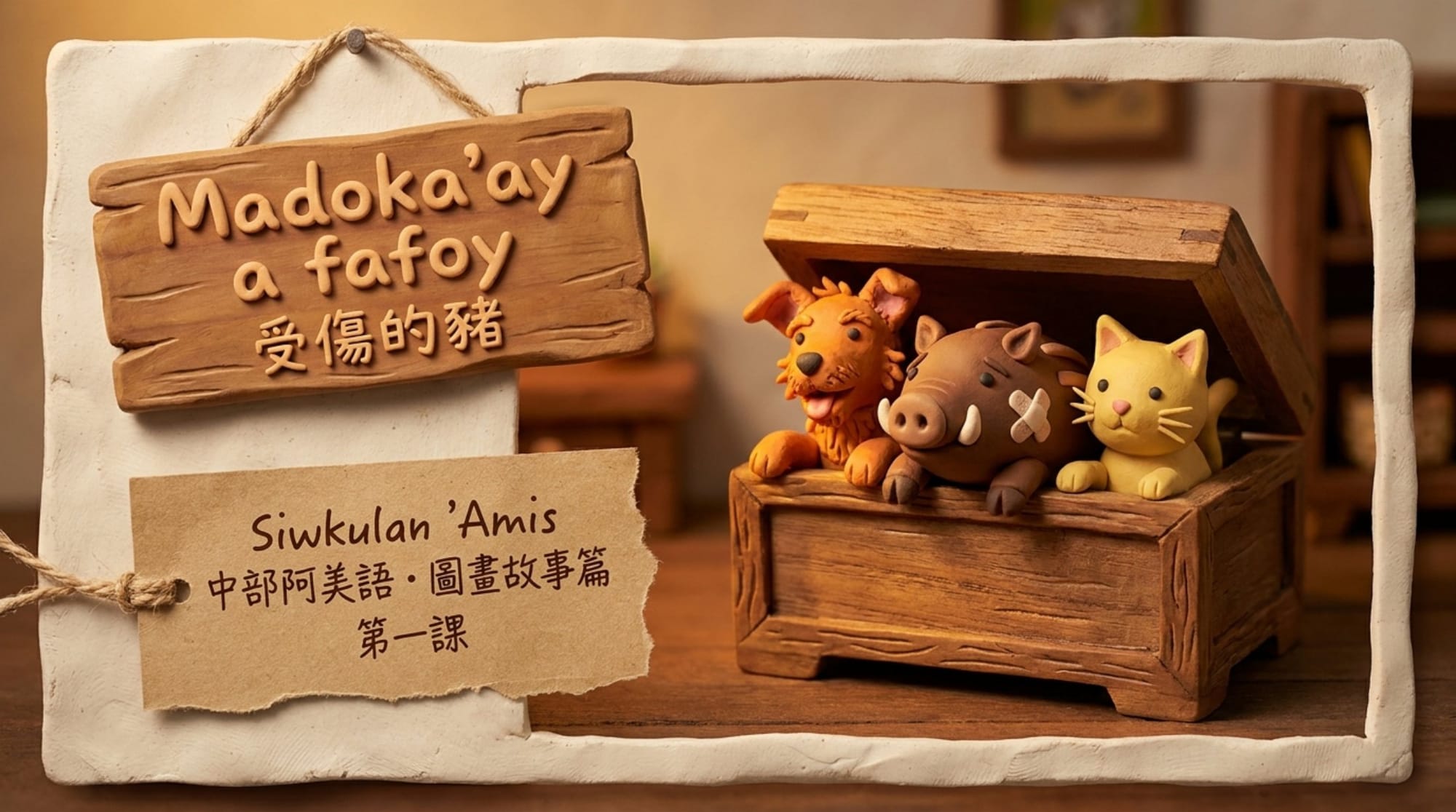 NotebookLM 生成的〈受傷的豬〉故事簡報封面，陶土偶手作風