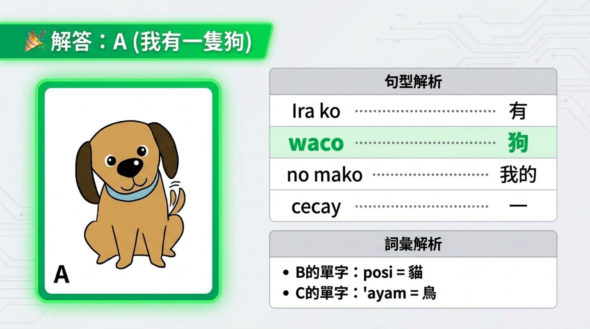 擁有句簡報 第 5 頁：解答 A「我有一隻狗」＋句型／詞彙解析