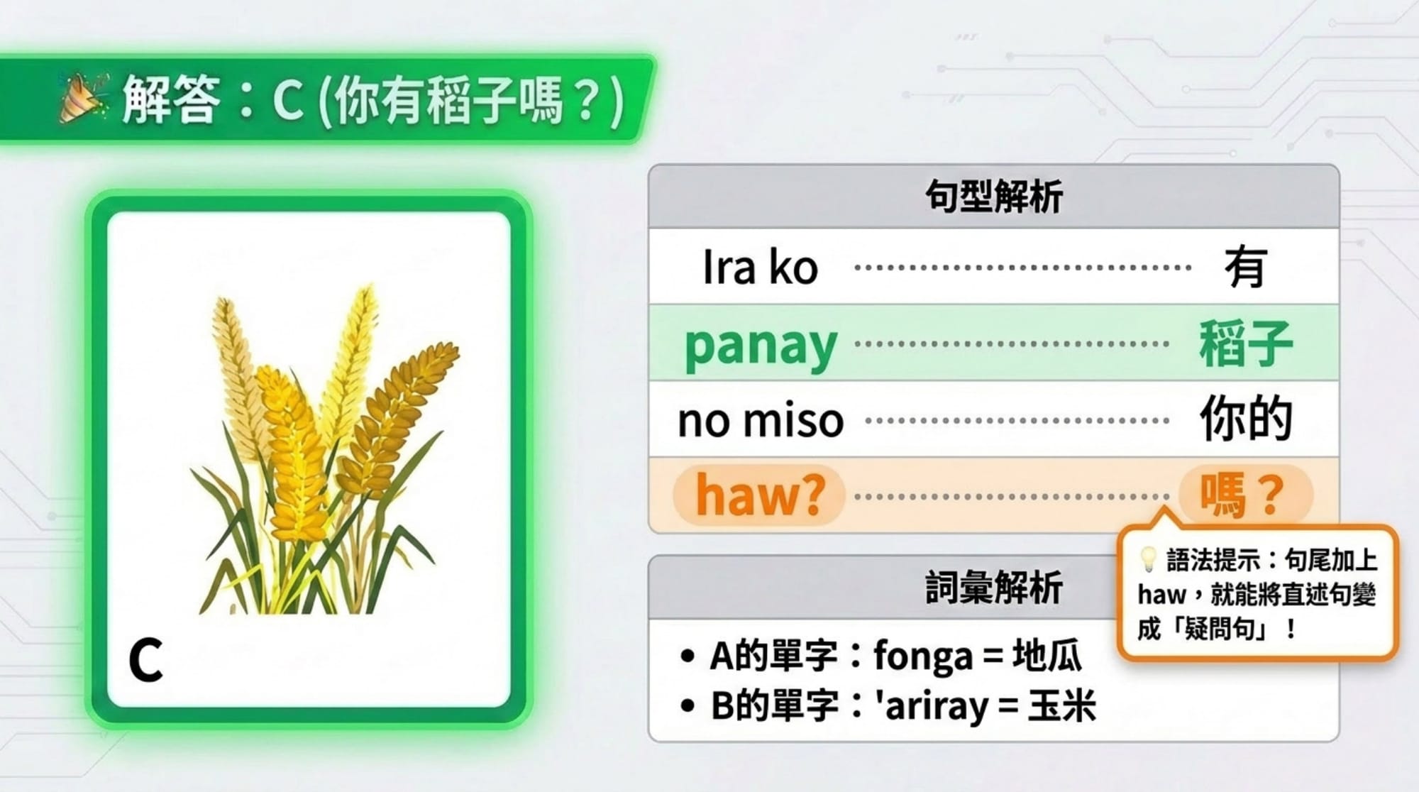 擁有句簡報 第 9 頁：解答 C「你有稻子嗎？」＋ haw 疑問句語法提示