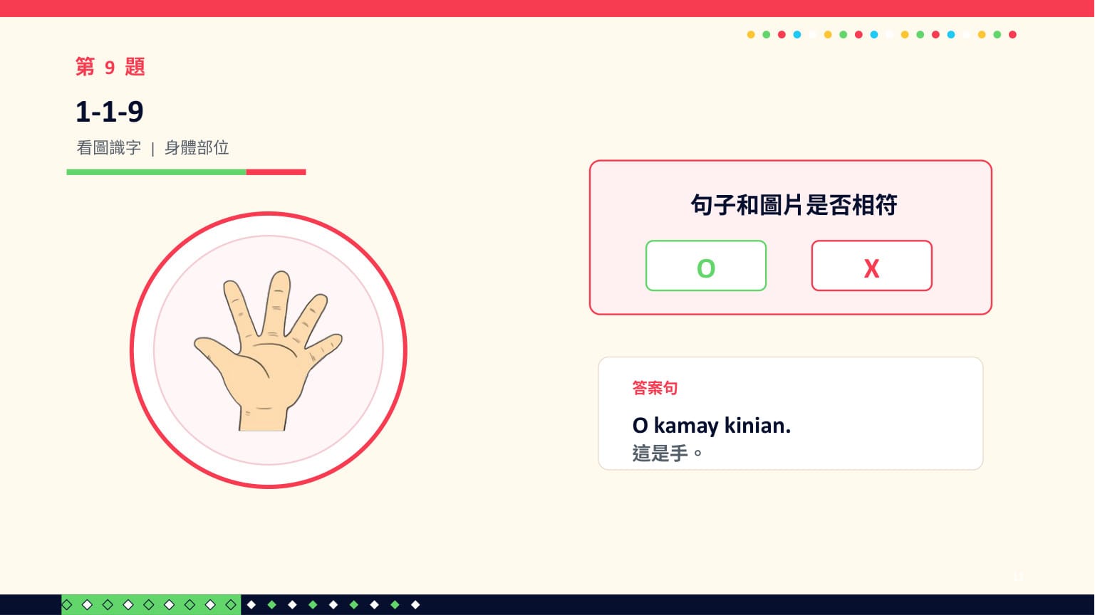 ChatGPT 第二回合 第 11 頁：第 9 題（1-1-9）：O kamay kinian. ✓