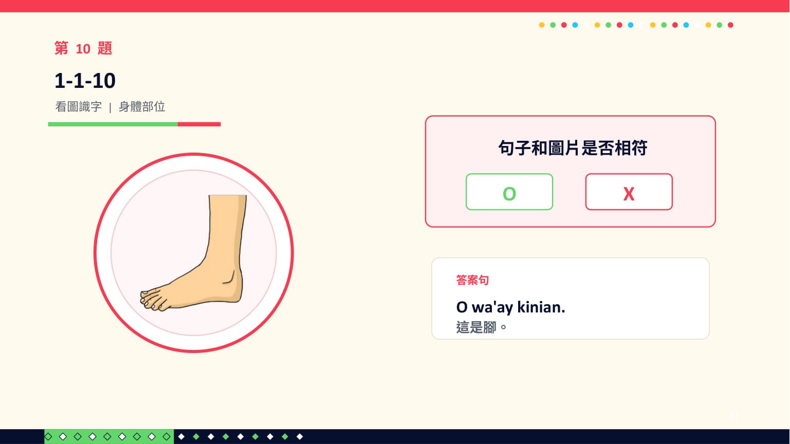 ChatGPT 第二回合 第 12 頁：第 10 題（1-1-10）：O wa'ay kinian. ✓