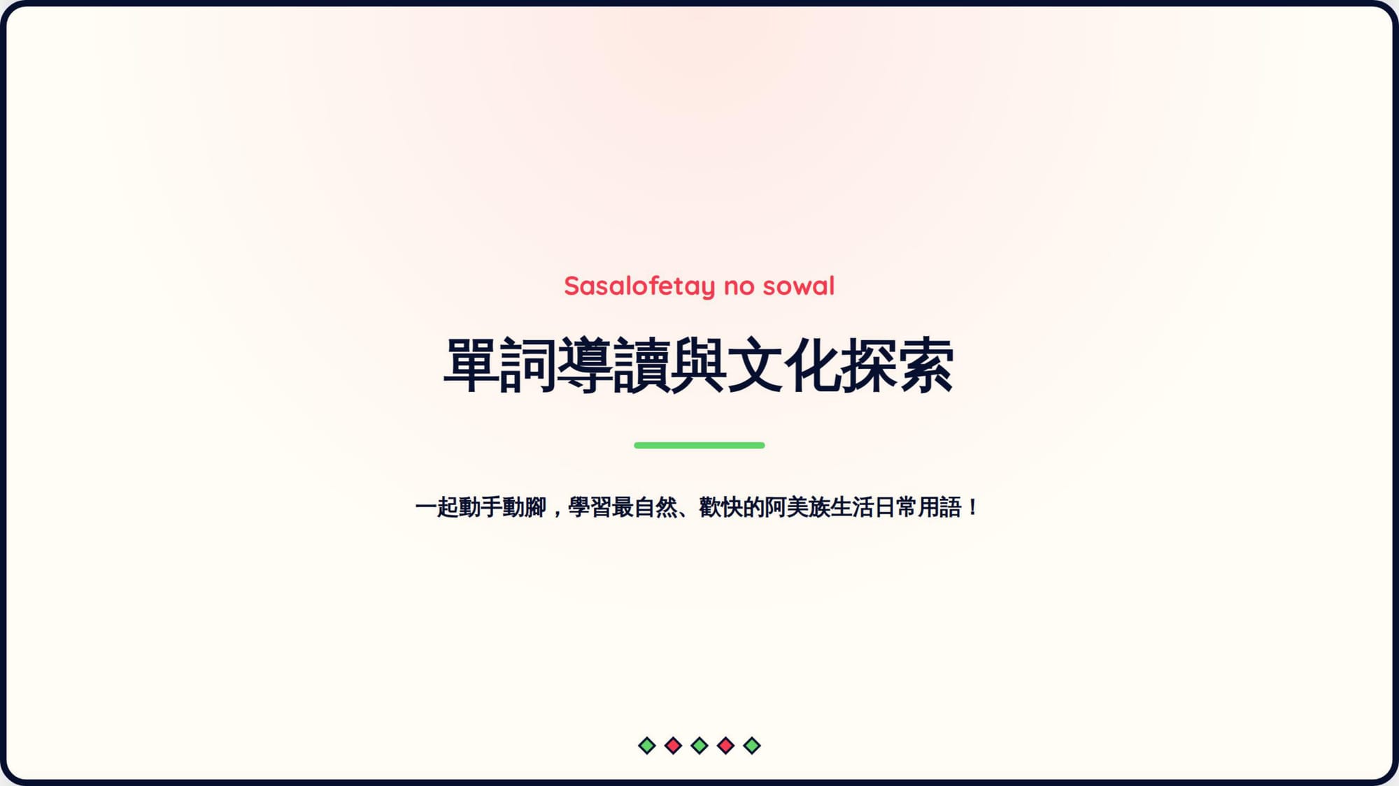 Gemini 成品 第 2 頁：引言頁——標題還配了一句族語「Sasalofetay no sowal」（不在句型篇裡·待查證）