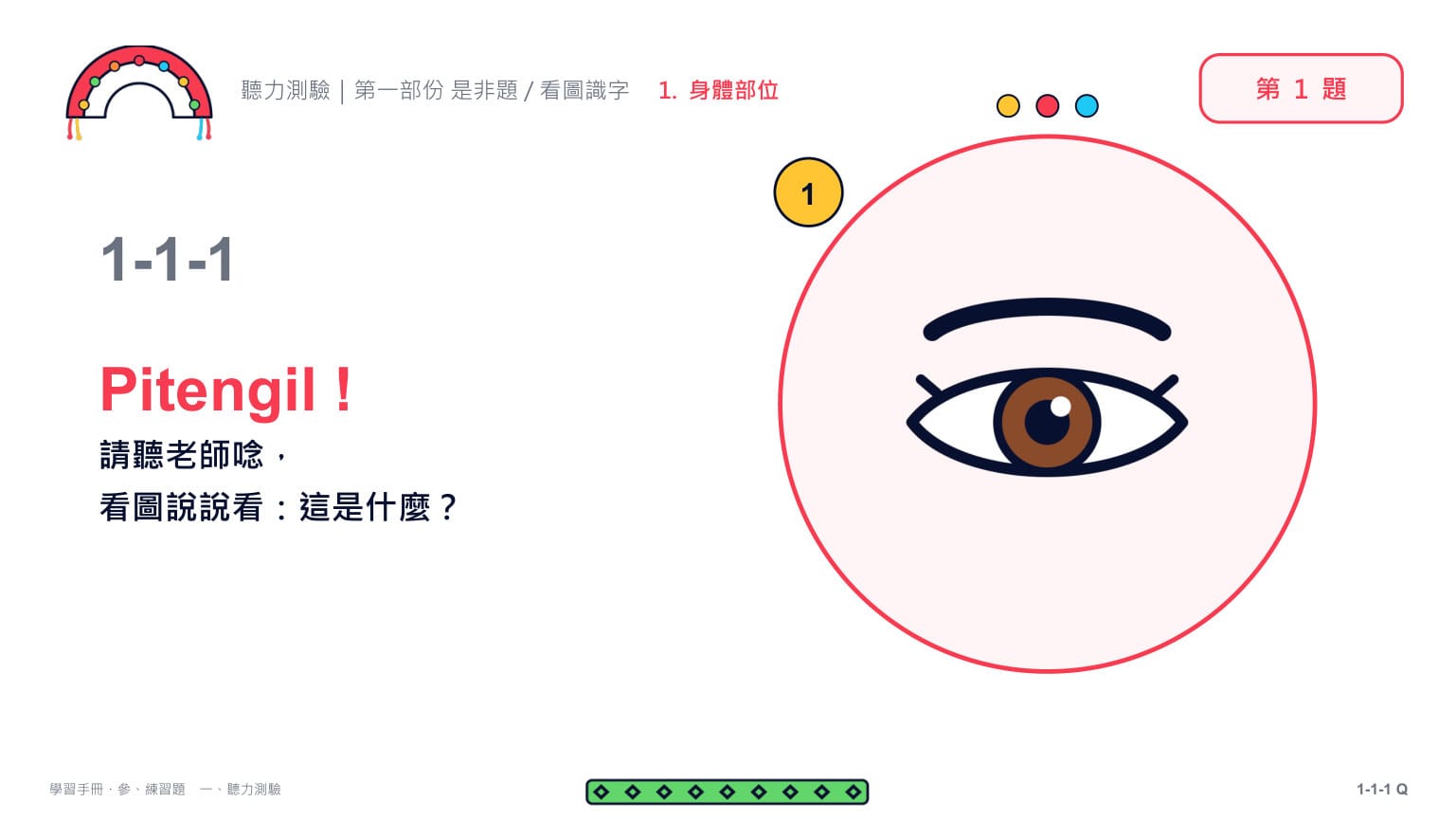 Claude 第二回合 第 2 頁：第 1 題題目頁（1-1-1）：只給圖、不給字——「Pitengil！請聽老師唸，看圖說說看：這是什麼？」