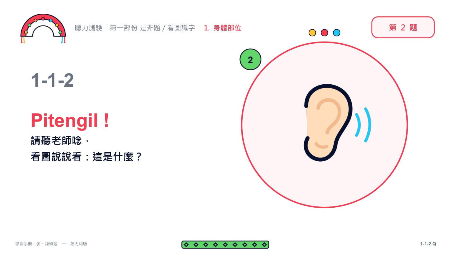 Claude 第二回合 第 4 頁：第 2 題題目頁（1-1-2）：只給圖、不給字——「Pitengil！請聽老師唸，看圖說說看：這是什麼？」