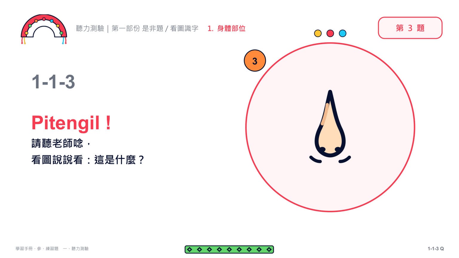 Claude 第二回合 第 6 頁：第 3 題題目頁（1-1-3）：只給圖、不給字——「Pitengil！請聽老師唸，看圖說說看：這是什麼？」