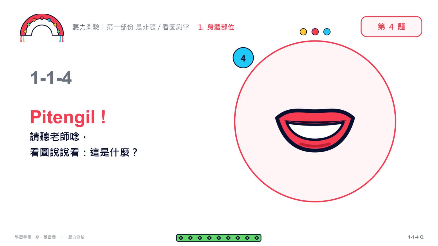 Claude 第二回合 第 8 頁：第 4 題題目頁（1-1-4）：只給圖、不給字——「Pitengil！請聽老師唸，看圖說說看：這是什麼？」