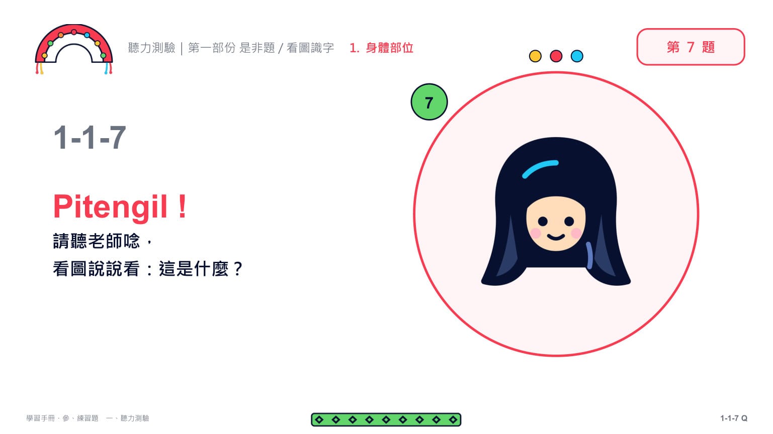 Claude 第二回合 第 14 頁：第 7 題題目頁（1-1-7）：只給圖、不給字——「Pitengil！請聽老師唸，看圖說說看：這是什麼？」