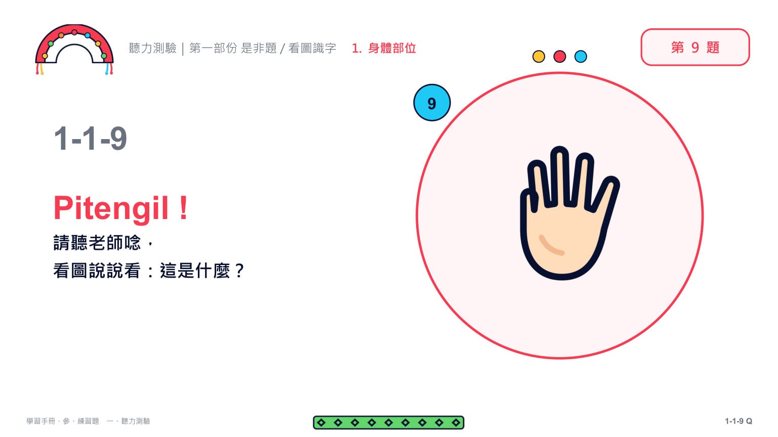 Claude 第二回合 第 18 頁：第 9 題題目頁（1-1-9）：只給圖、不給字——「Pitengil！請聽老師唸，看圖說說看：這是什麼？」