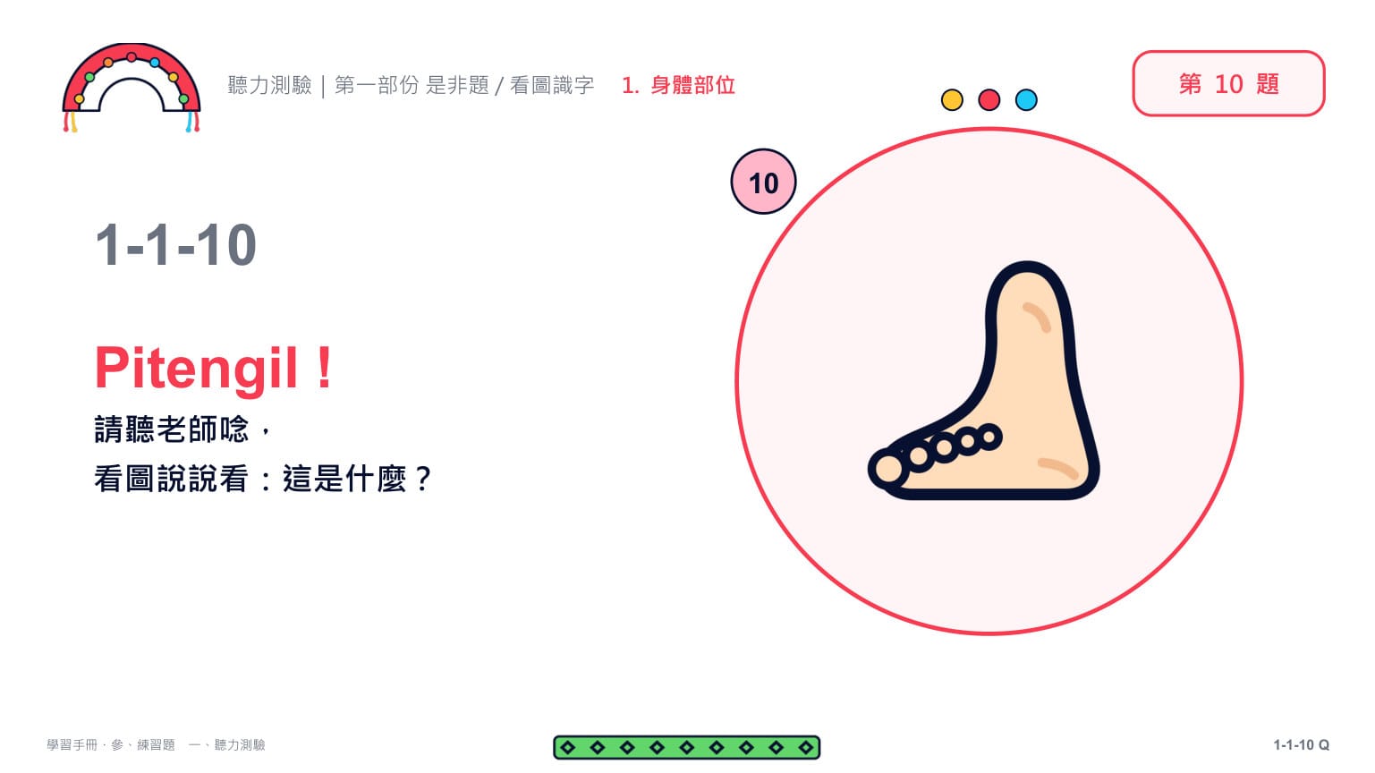 Claude 第二回合 第 20 頁：第 10 題題目頁（1-1-10）：只給圖、不給字——「Pitengil！請聽老師唸，看圖說說看：這是什麼？」