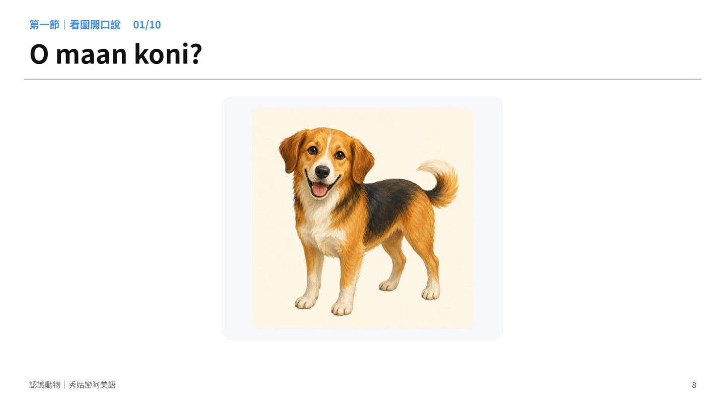 第 8 頁：O maan koni? 只有狗的圖片、沒有文字