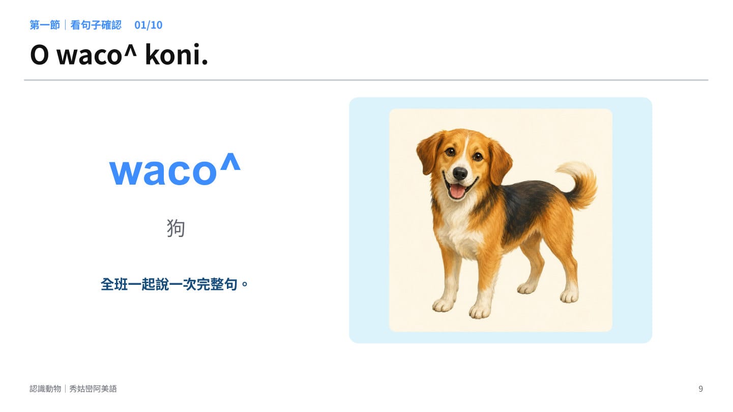 第 9 頁：O waco^ koni. 揭曉詞卡