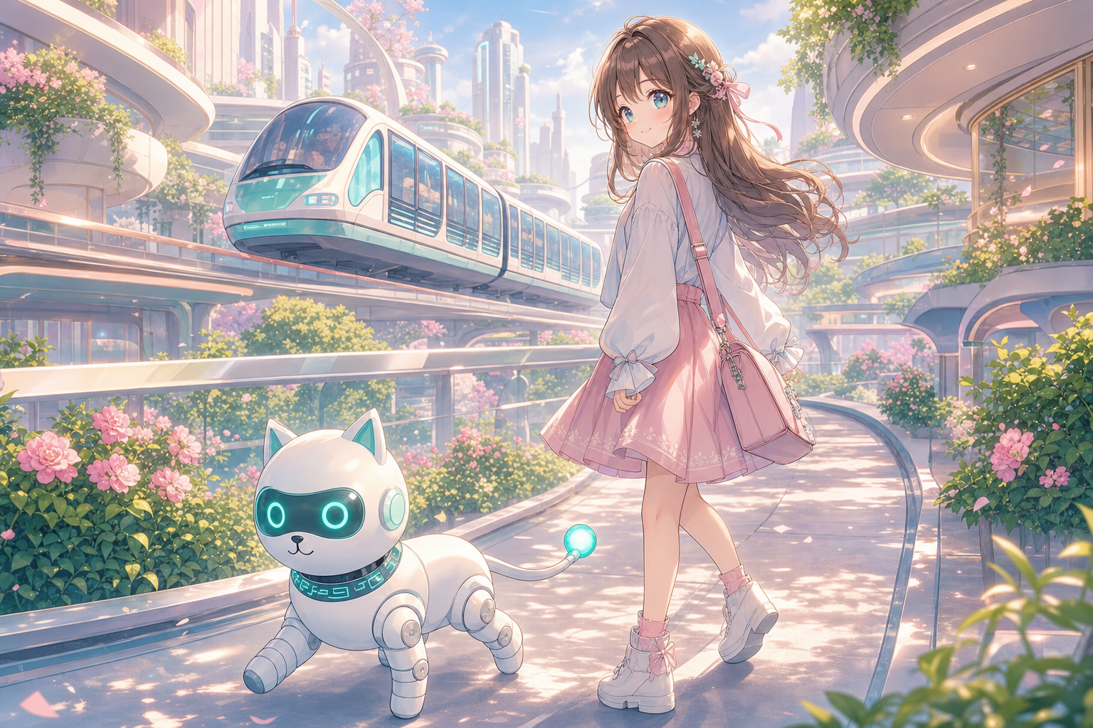 唯美少女 Anime 的機器狗 Suwan 在未來城散步