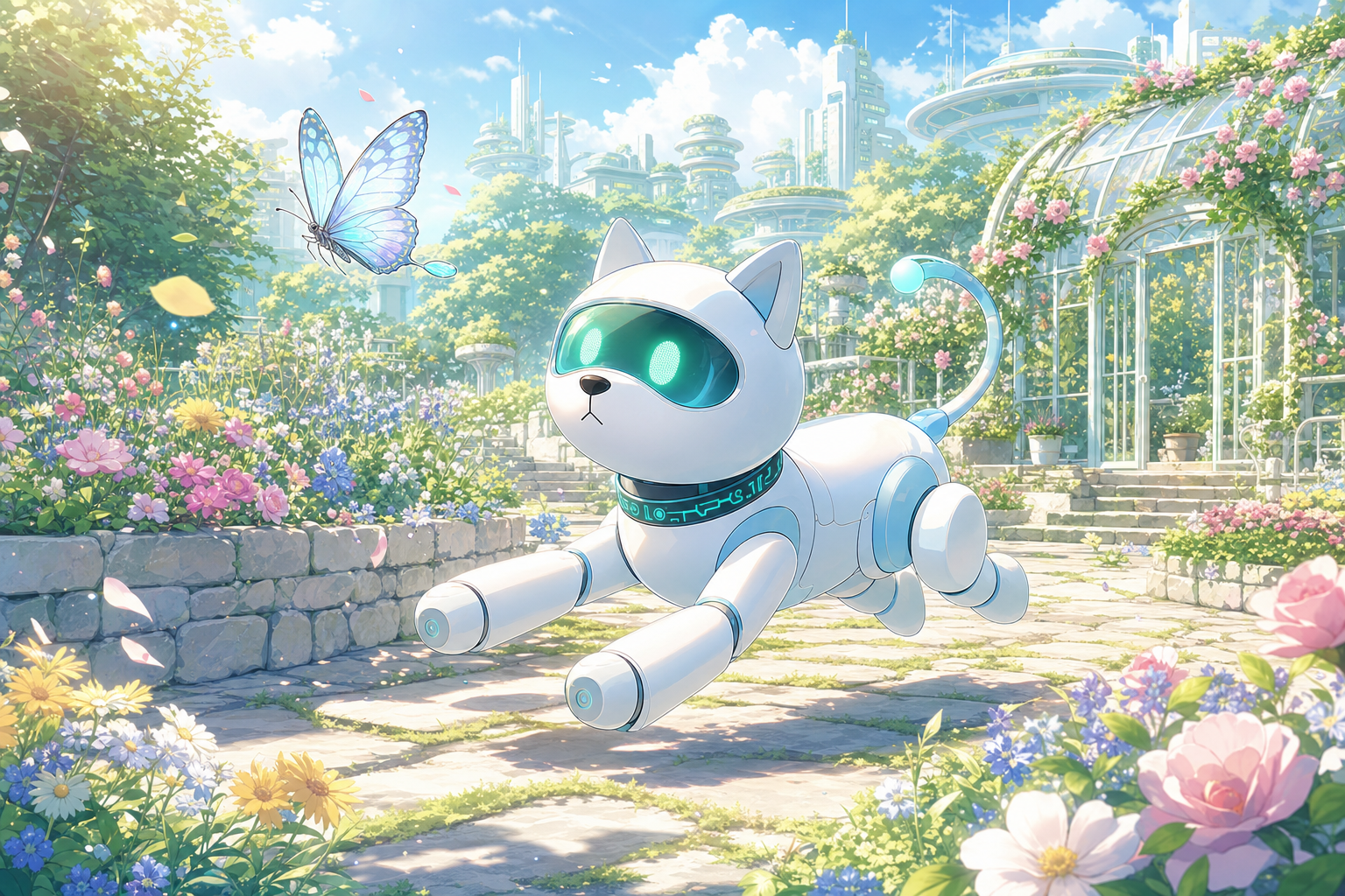 唯美少女 Anime 的機器狗 Suwan 在花園追蝴蝶