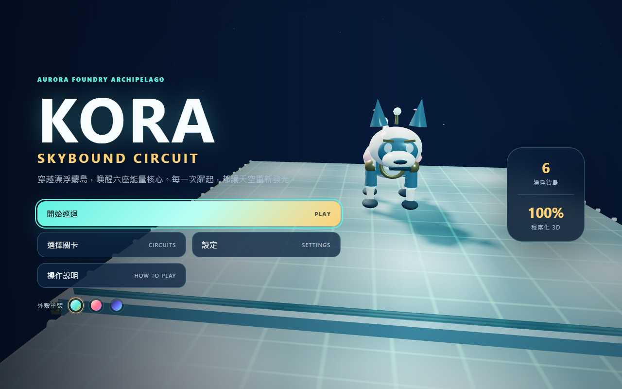 設定 A《KORA》的主選單：一隻造型圓潤的白色機器狗，站在冷藍色調的發光格線浮台上；深藍的天空、柔和的邊緣光，左側是「AURORA FOUNDRY ARCHIPELAGO / KORA / SKYBOUND CIRCUIT」的標題與幾顆選單按鈕，整體靜謐精緻，像一張氛圍插畫。
