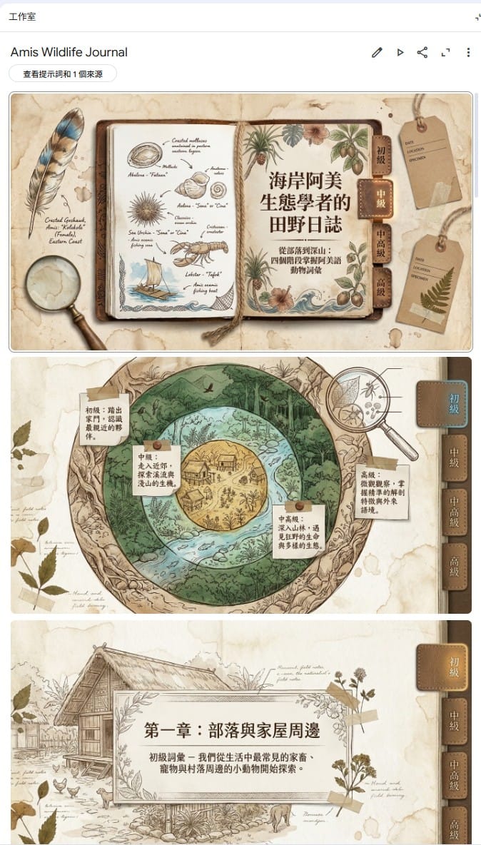 用自訂簡報生成的動物詞彙簡報（田野日誌風），封面與初級到高級的難度分級