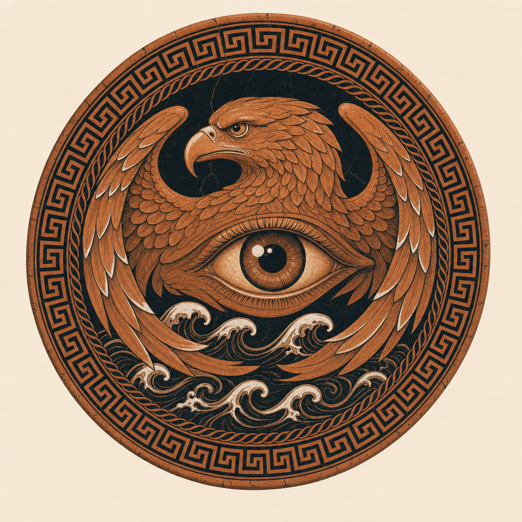 古典彩繪風格的圓形徽章，中央是一隻銳利的鷹眼。