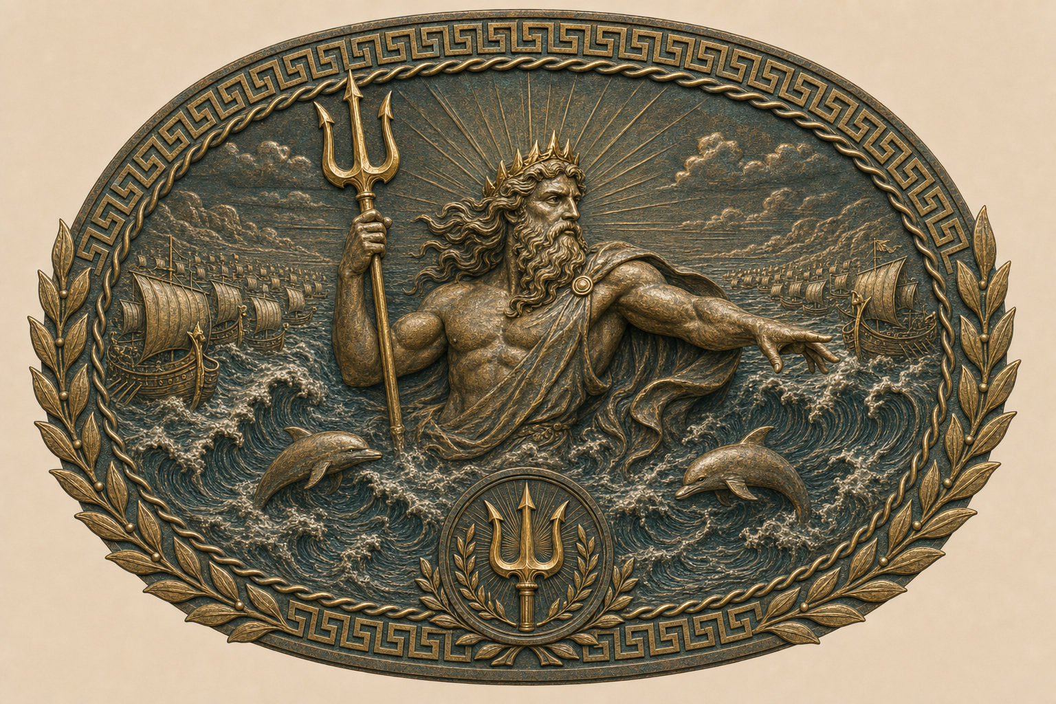 青銅浮雕圓牌：海神執三叉戟指揮兩翼千帆艦隊，下方綴以三叉戟徽記與月桂環。