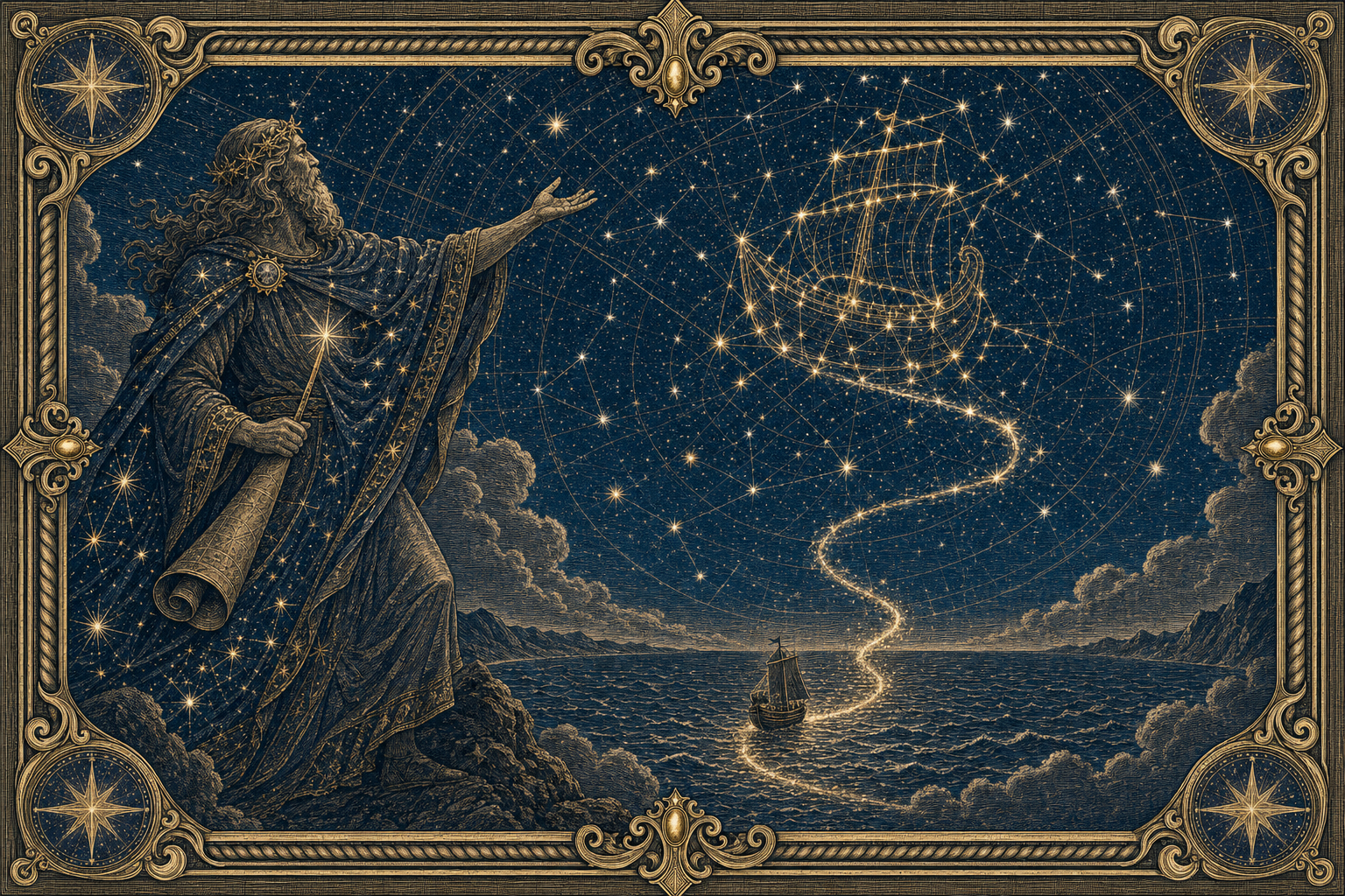 銅版雕刻風格插畫：星空下一位頭戴星冠、手持卷軸的星神抬手一點，繁星連成一艘巨大的星船，海面上一艘小船循著金色星跡前行。