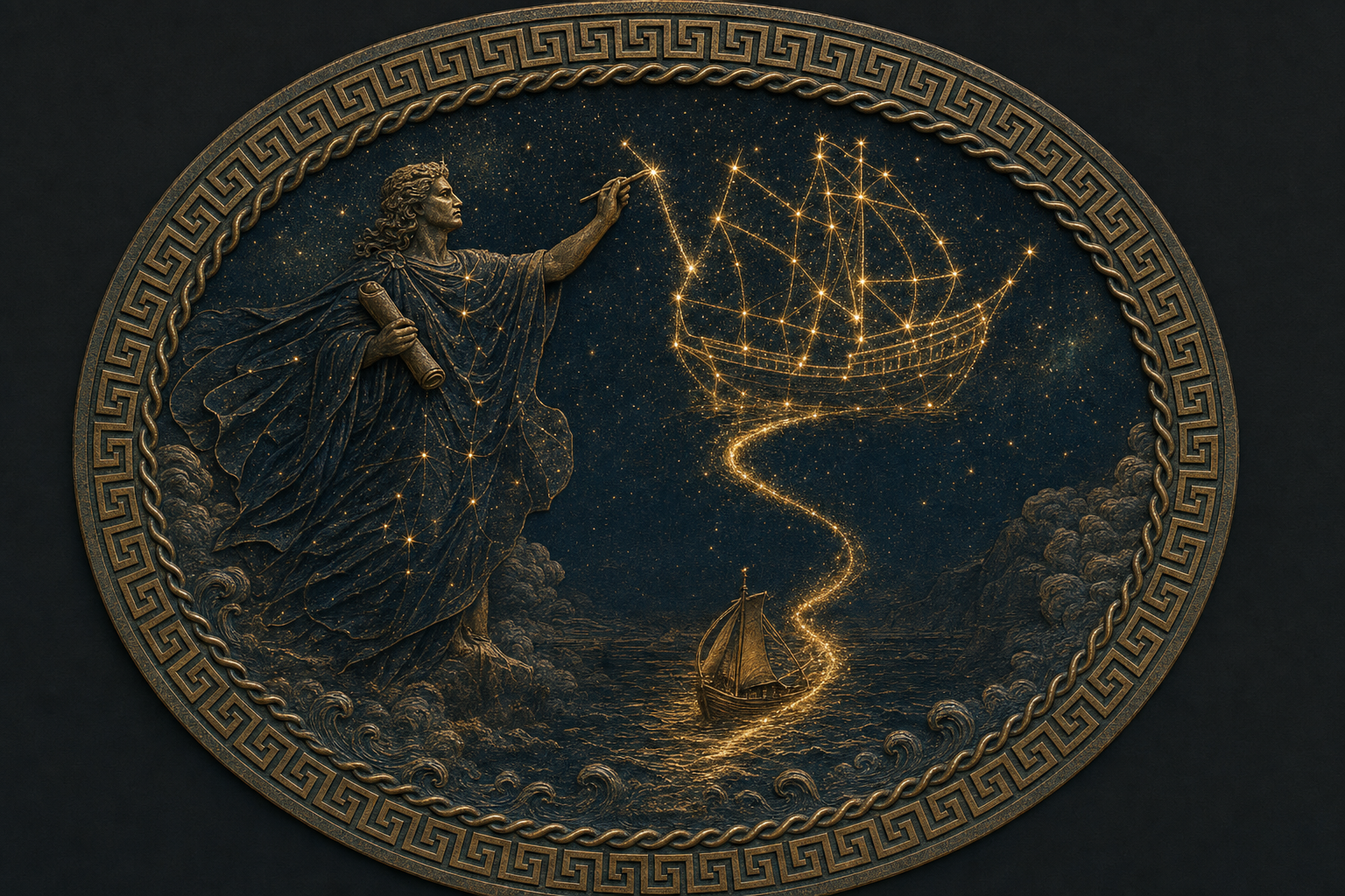 深色青銅浮雕圓牌：星辰之神以指尖點亮夜空，星點連綴成船的星座，一艘小船沿發光的航跡駛入星海。