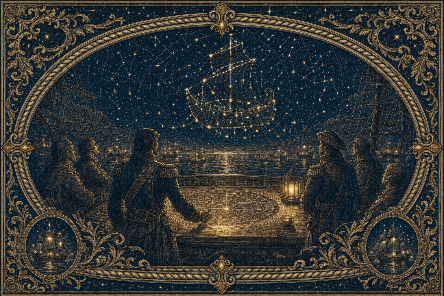 銅版雕刻風格插畫：眾人夜裡圍著一張發光的星圖桌，仰望由繁星連成的星船。