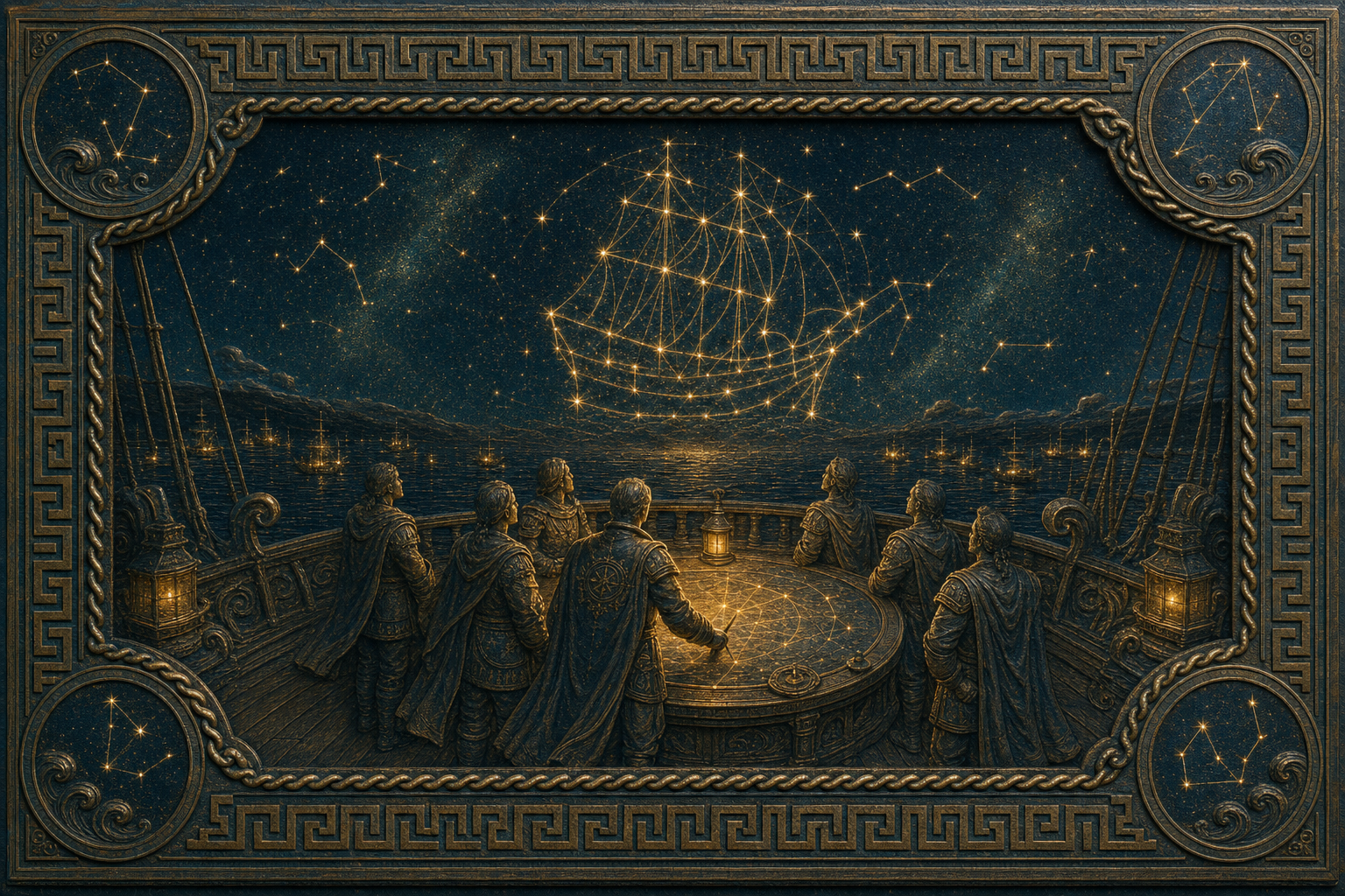 希臘古典風格插畫：眾人夜裡圍著一張發光的星圖桌，仰望由繁星連成的星船。