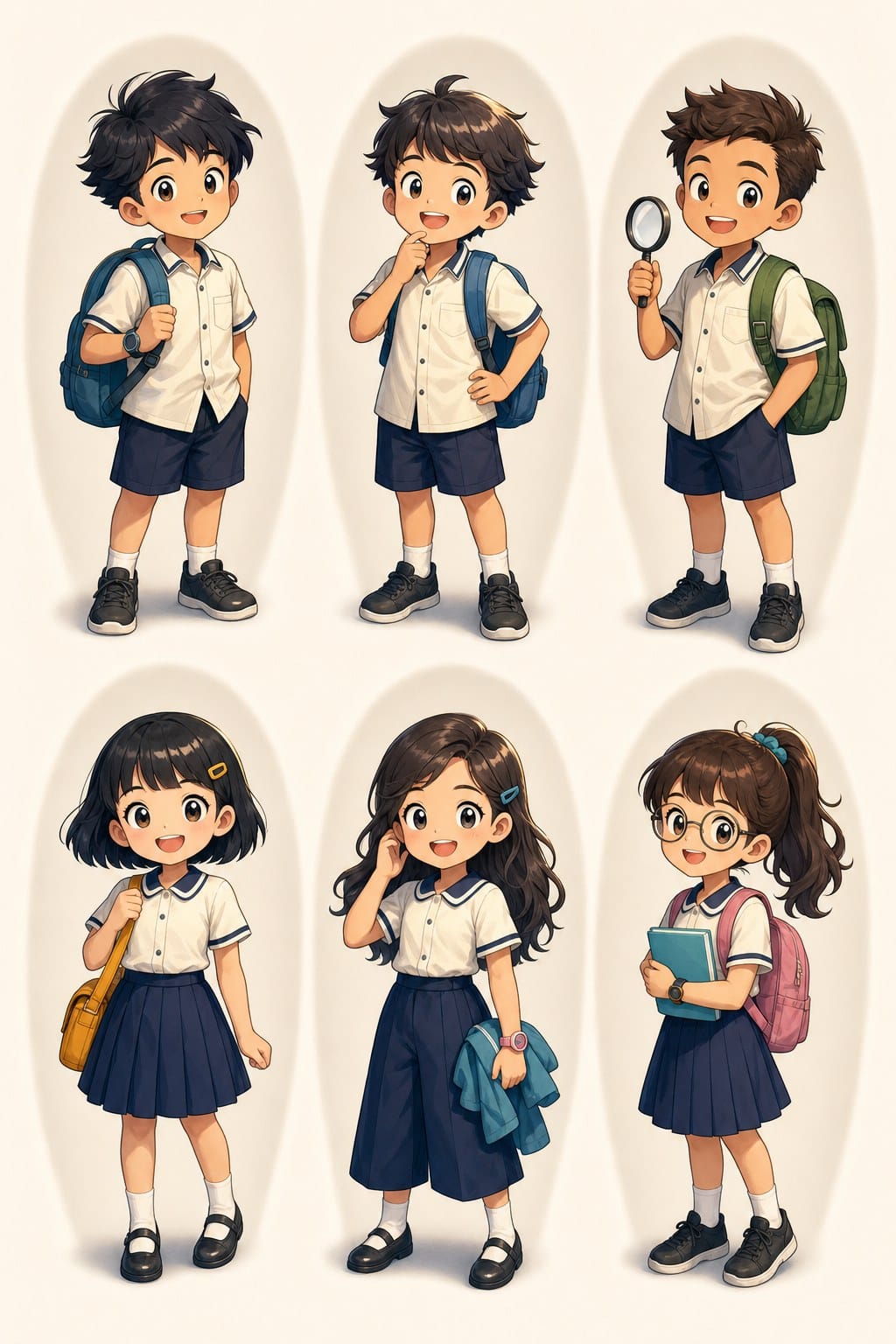 六位學生角色設計：三男三女、一般小學生制服