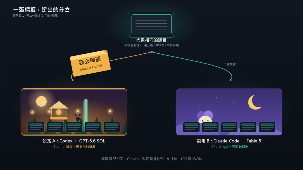 叫 AI「畫漂亮一點」，到底買到了什麼？｜第三回合：這次我只對其中一個 AI 下了「務必華麗」的美術硬指令，另一個給開放題——同做一款旅鼠風解謎遊戲