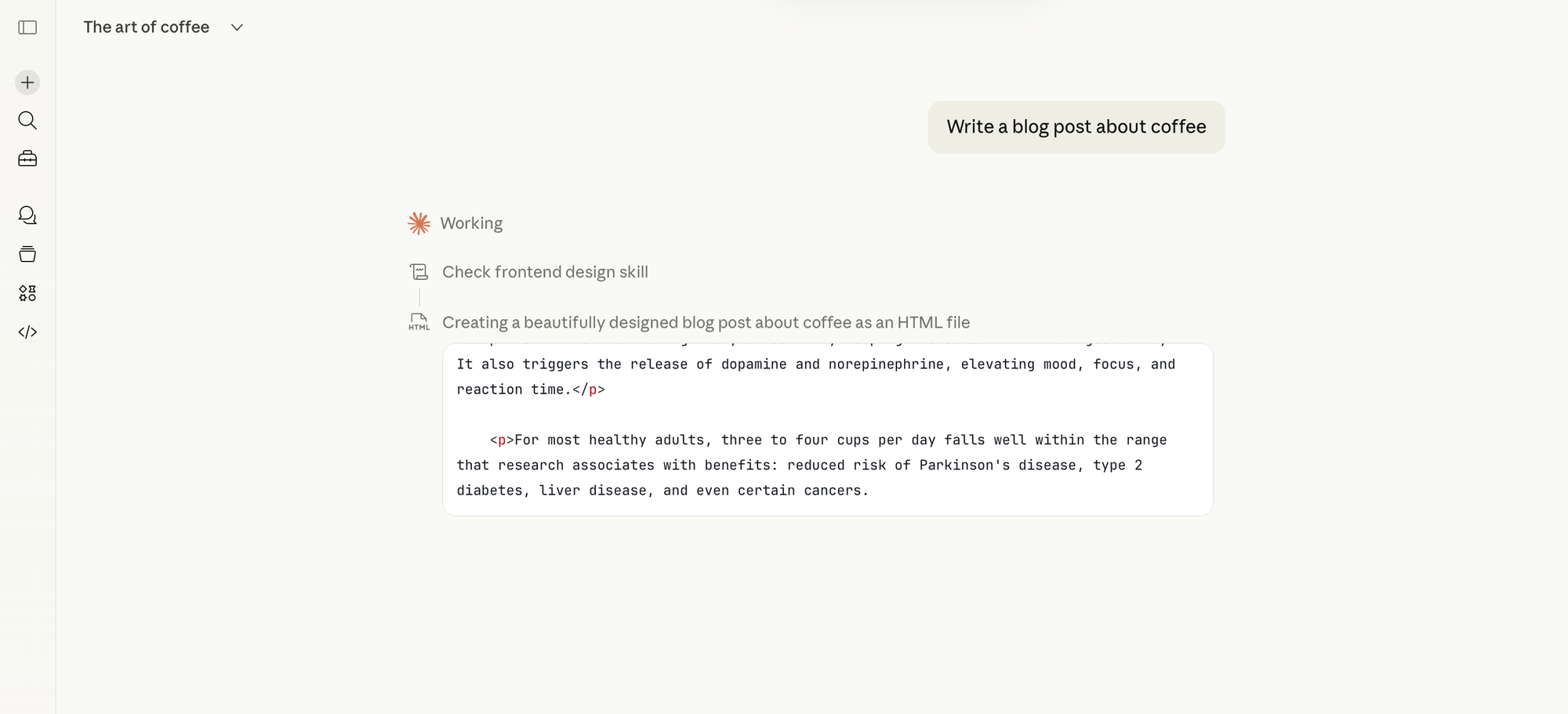 A claude conversation that says "write a blog post about coffee" followed by a code box populated with text