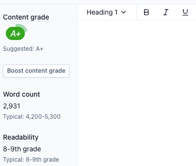 A green A+ badge represents a Clearscope content score on a draft that has an 8th to 9th grade reading level.