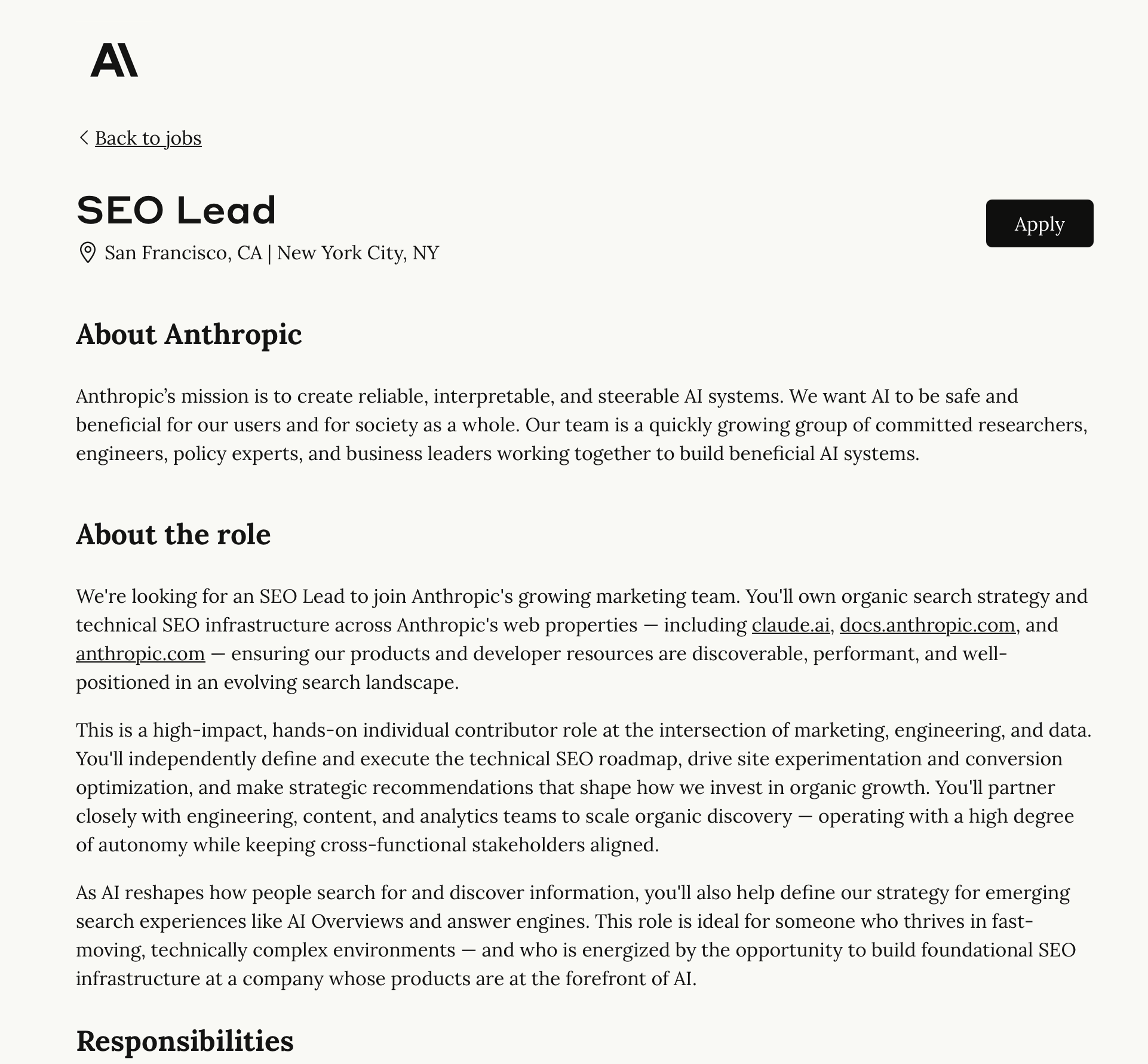 An Anthropic job post reads “SEO lead” and contains details about the role and its responsibilities.