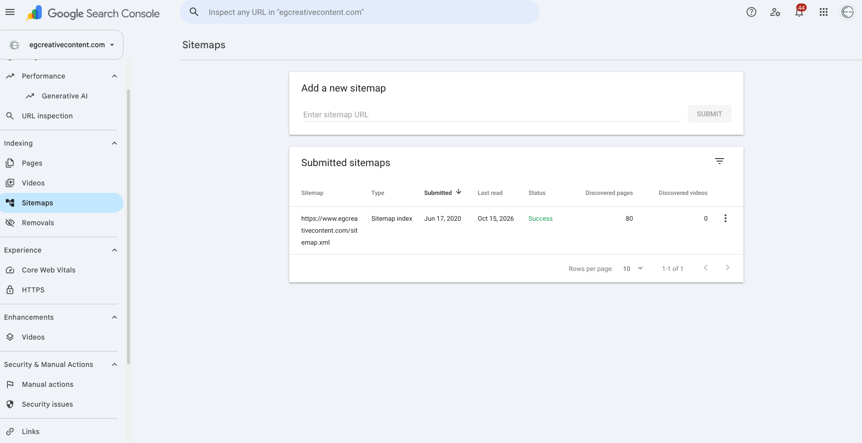 The google search console sitemap upload page.