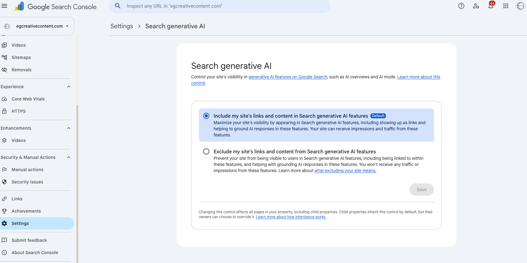 The google search console Search Generative AI inclusion / exclusion page, shown with the include button checked and highlighted in blue.