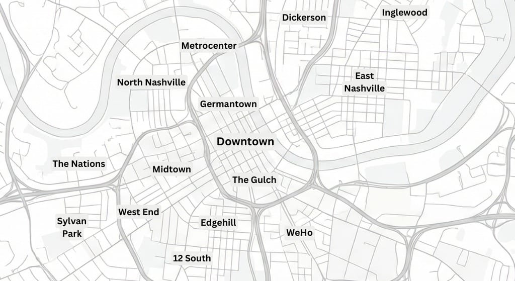 A labeled, simplified map showing downtown Nashville's various neighborhoods in relation to each other.