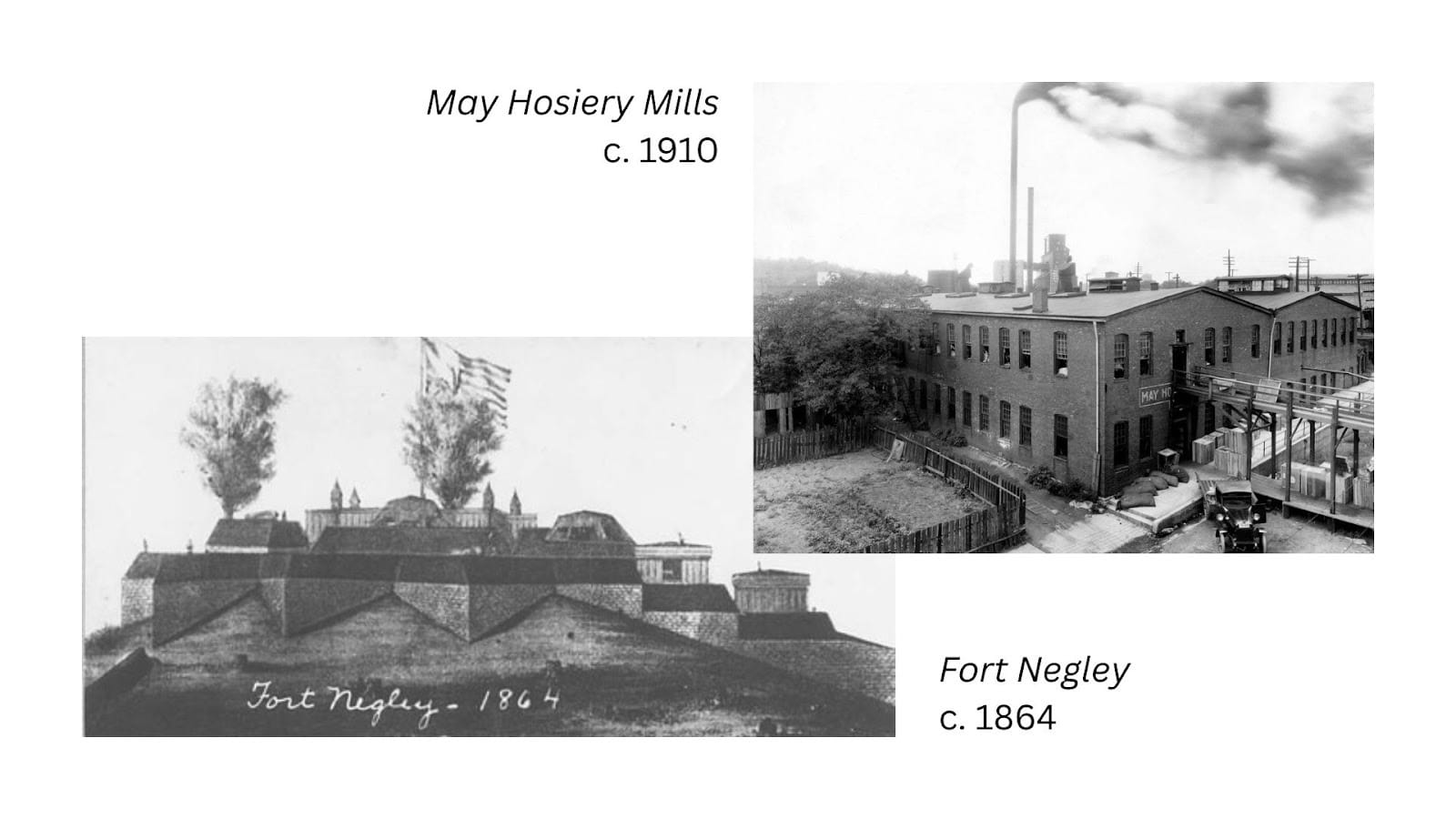 Stitched image showing Fort Negley from 1864 next to the former May Hosiery complex built in 1910 in Wedgewood-Houston.