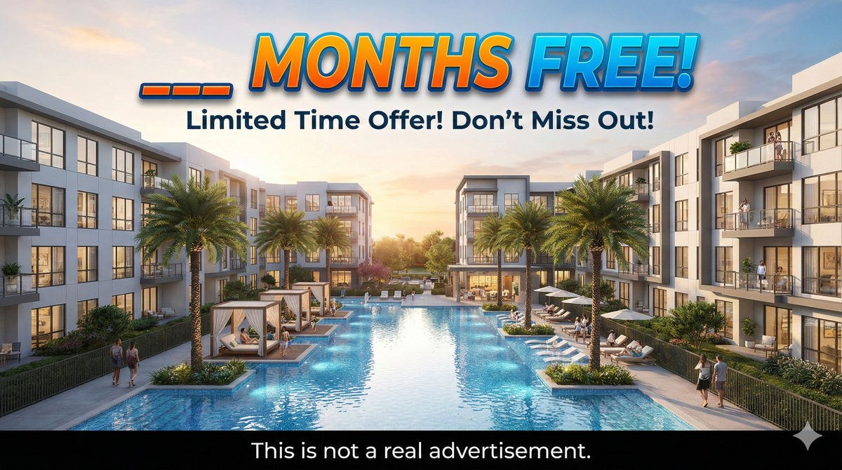 Illustrated AI-generated image styled like an apartment marketing ad advertising “__ months free,” used as a visual concept rather than a real promotion.