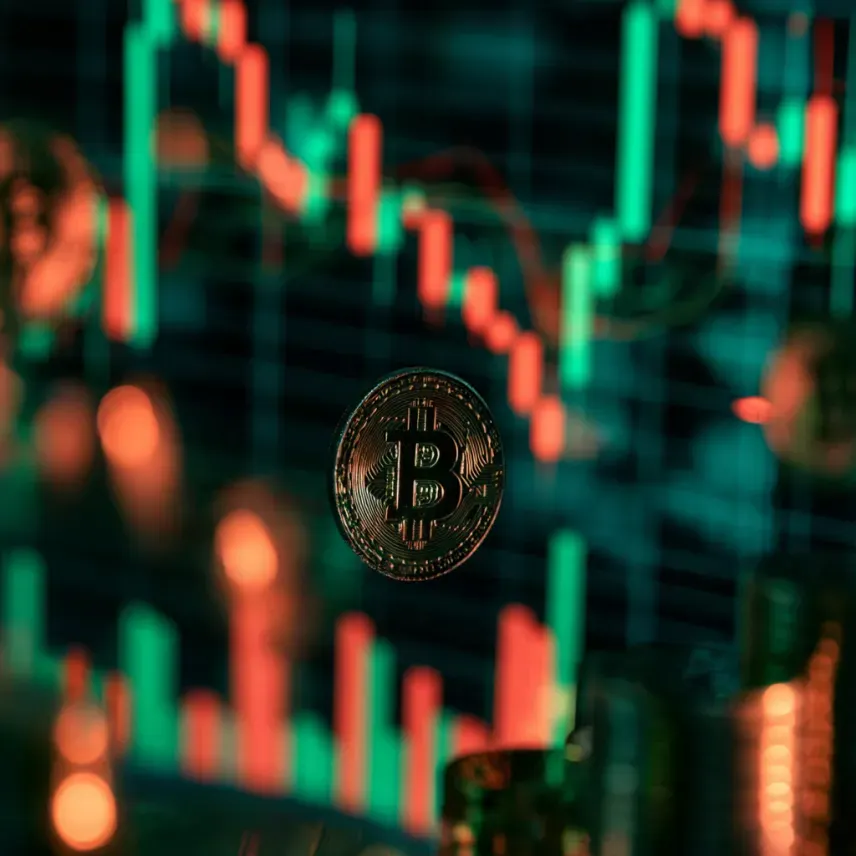 A Bitcoin coin in front of a candlestick price chart