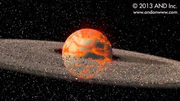 The silver dome of a telescope atop a white circular building with a starry sky in the background.