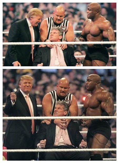 Donald Trump taunting Vince McMahon with a shaver in a WWE ring