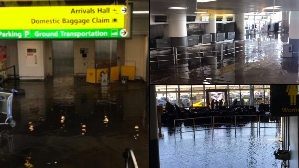 Three pictures of flooding at New York's JFK airport Terminal 4