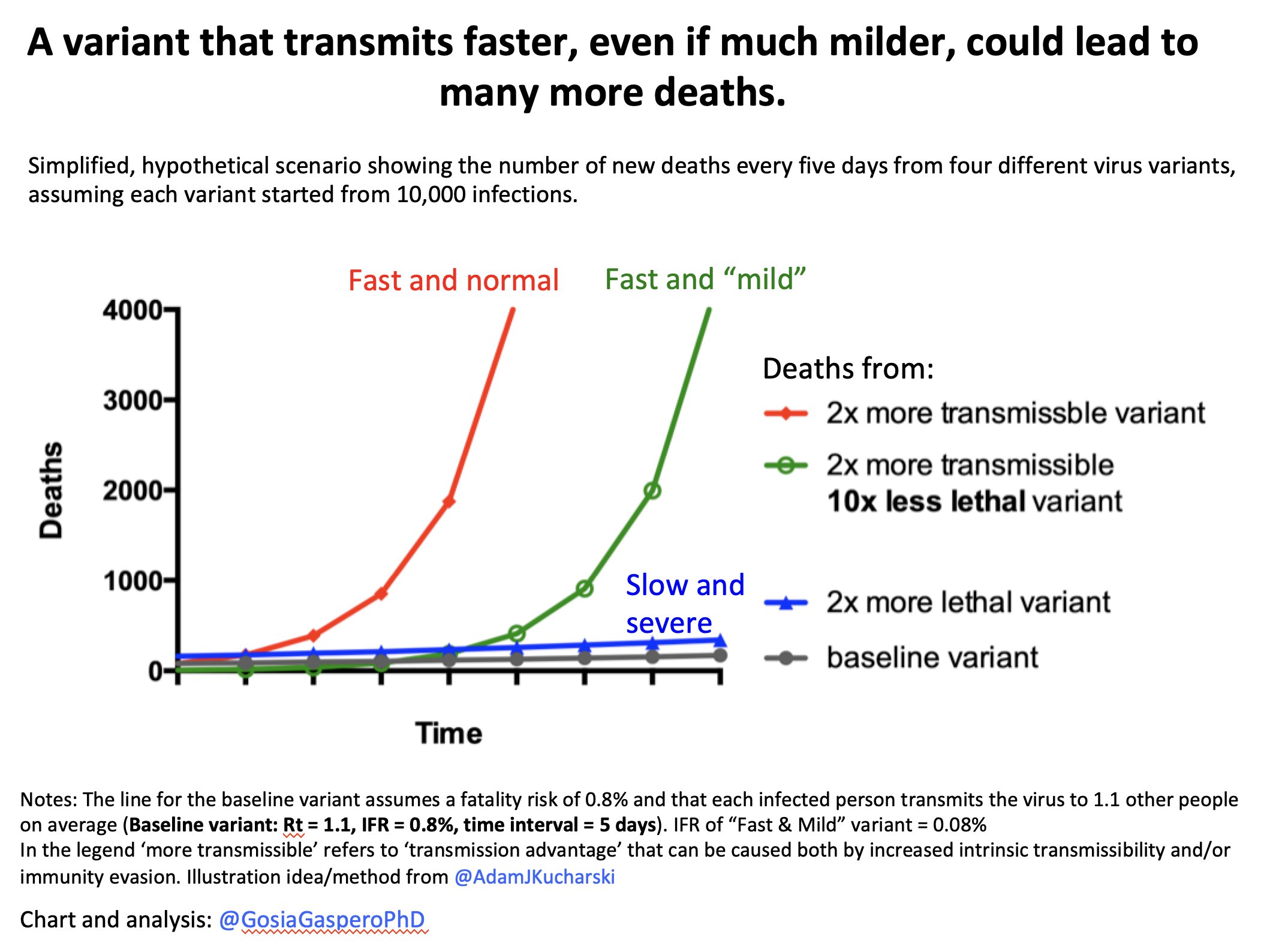 Simplified, hypothetical scenario showing the number of new deaths every five days from four different virus variants, assuming each variant started from 10,000 infections.