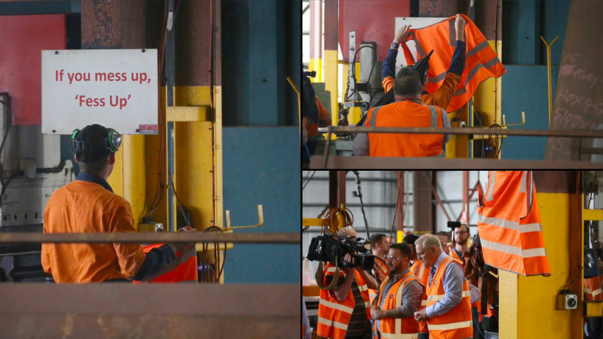 Three sequential pictures of a sign saying "If you mess up, "Fess Up"", with Scott Morrison in the third photo in front of the covered sign