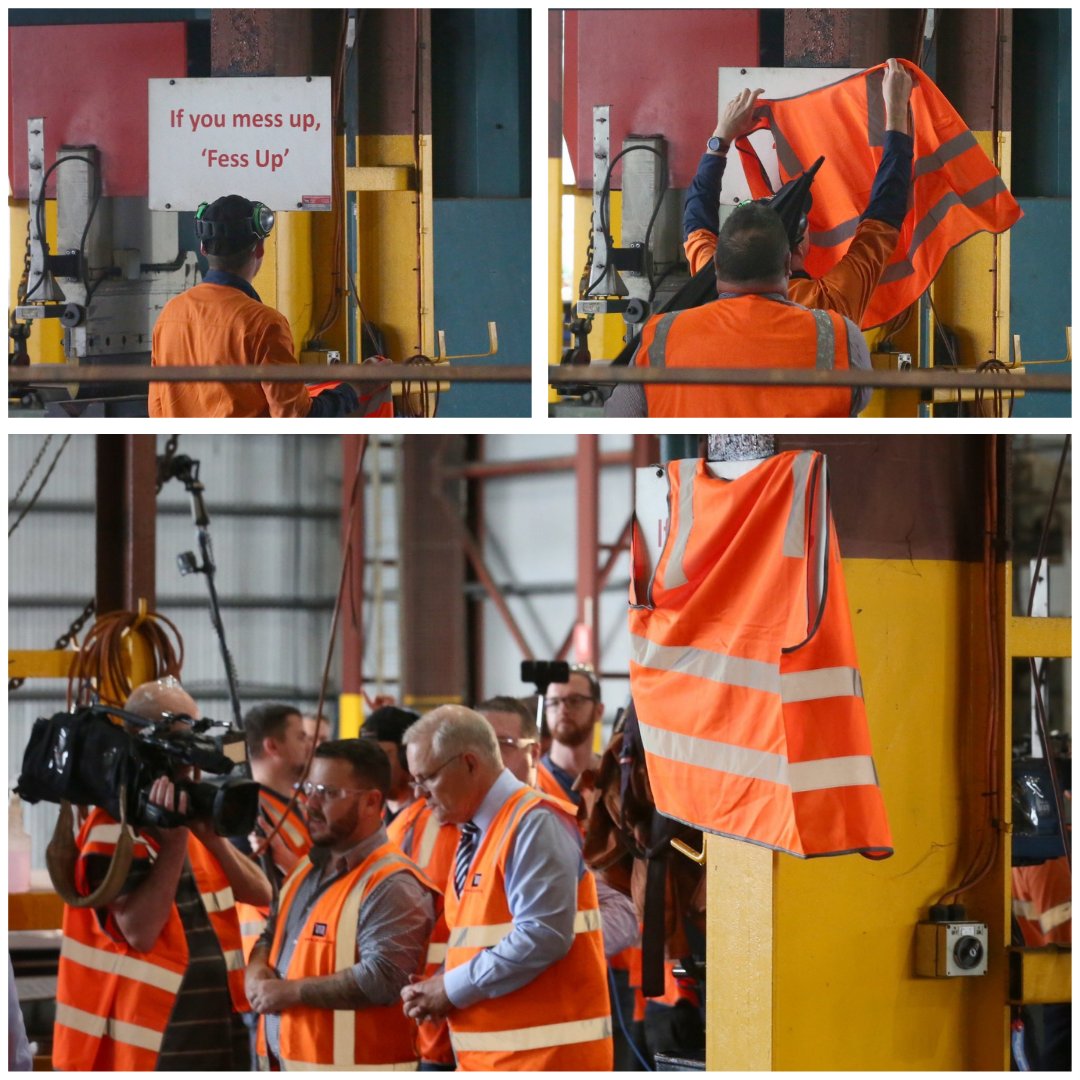 Three sequential pictures of a sign saying "If you mess up, "Fess Up"", with Scott Morrison in the third photo in front of the covered sign